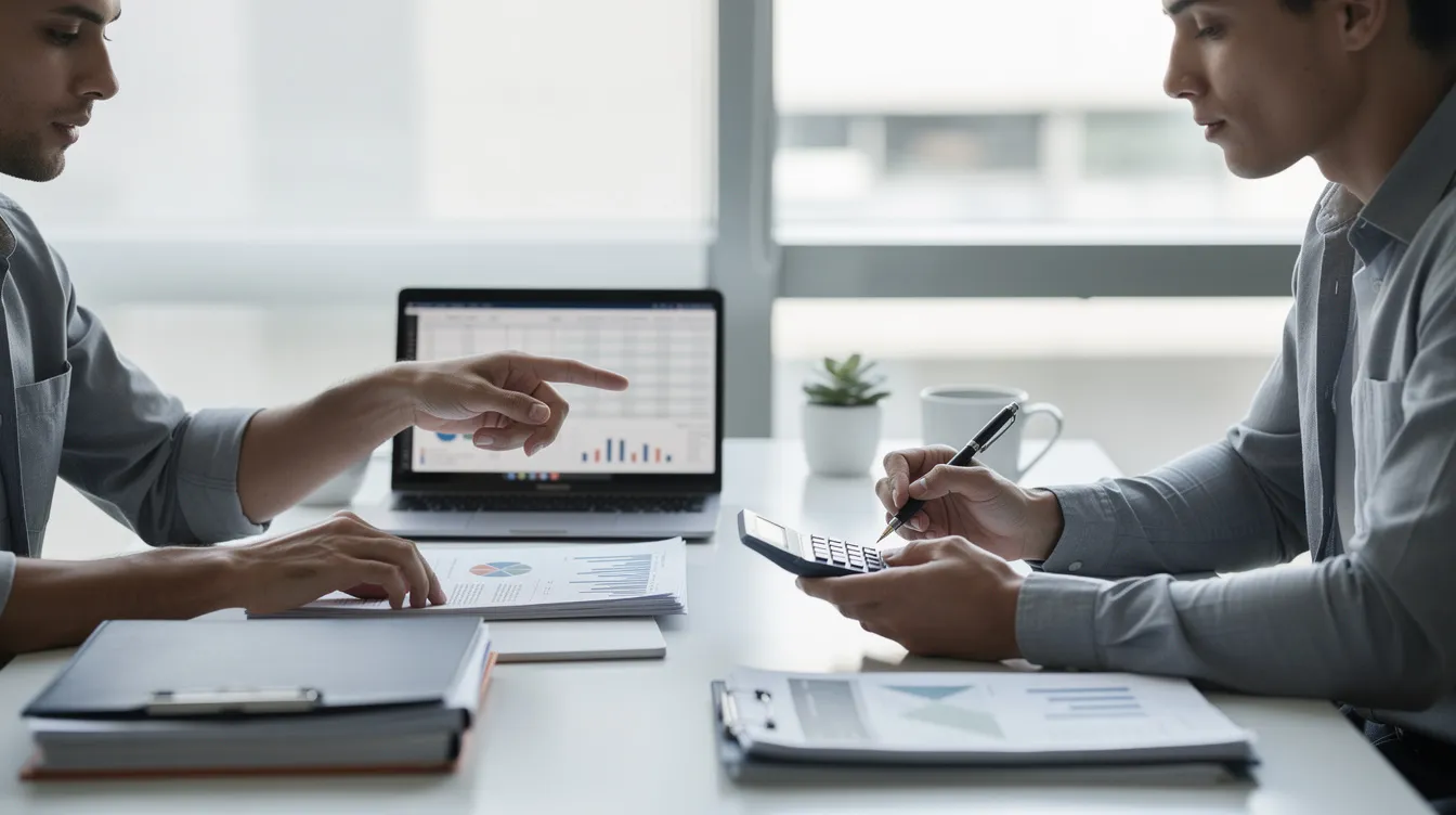 The image depicts two individuals sitting at a table, reviewing financial documents together, likely discussing matters related to superannuation in divorce. They appear focused and engaged, suggesting they are seeking independent legal advice regarding their superannuation interests and potential agreements for a property settlement proceeding.