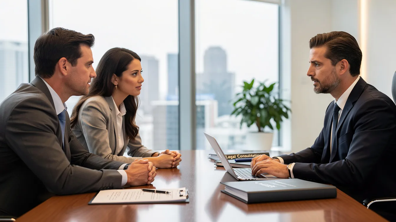 The image depicts a lawyer providing independent legal advice to clients in a modern office setting, discussing important topics related to family law, such as superannuation splitting orders and the implications of a divorce order on their superannuation funds. The atmosphere is professional, emphasizing the significance of legal representation during family court proceedings.