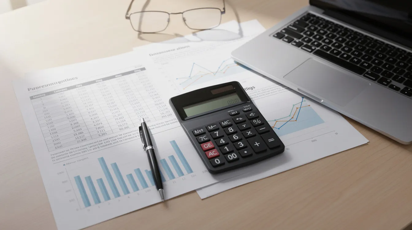 The image shows an office desk cluttered with various financial documents, including a calculator, which may represent the process of managing superannuation in divorce proceedings. This setup suggests the need for independent legal advice regarding superannuation splits and family law matters.